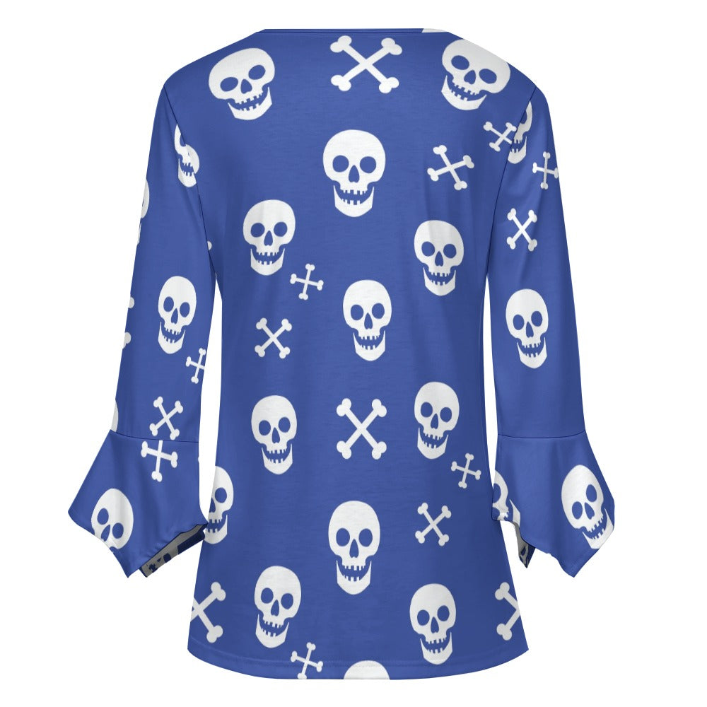 Blue Skull Print Ruffled Petal Sleeve Top
