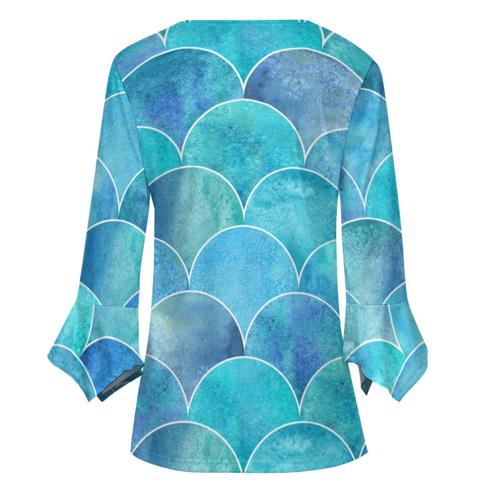 Mermaid Print Ruffled Petal Sleeve Top