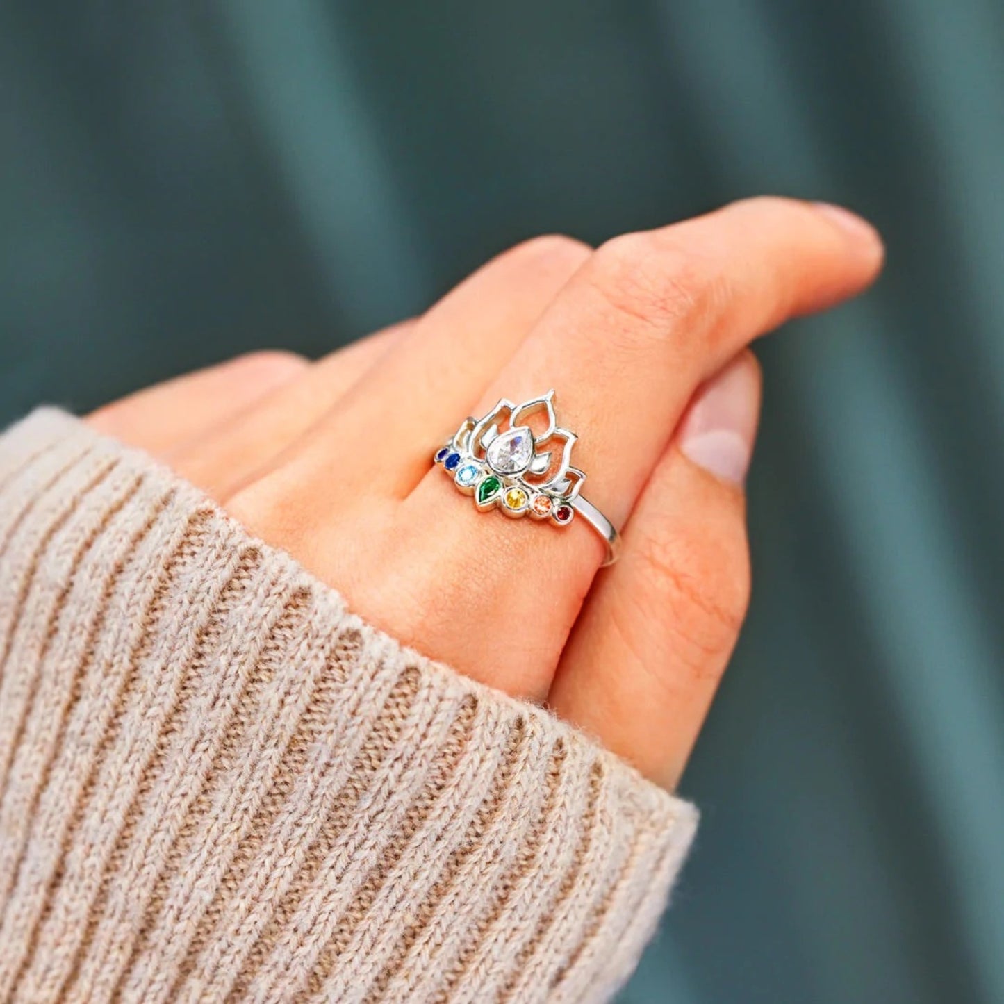 Lotus Shape 925 Sterling Silver Inlaid Zircon Ring