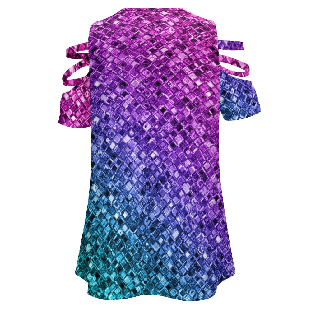 Ladies Glitter Look Zip Off Shoulder Top