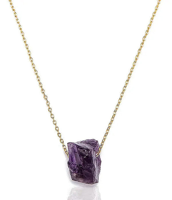 Raw Semi Precious Stone Pendant Necklace - Amethyst