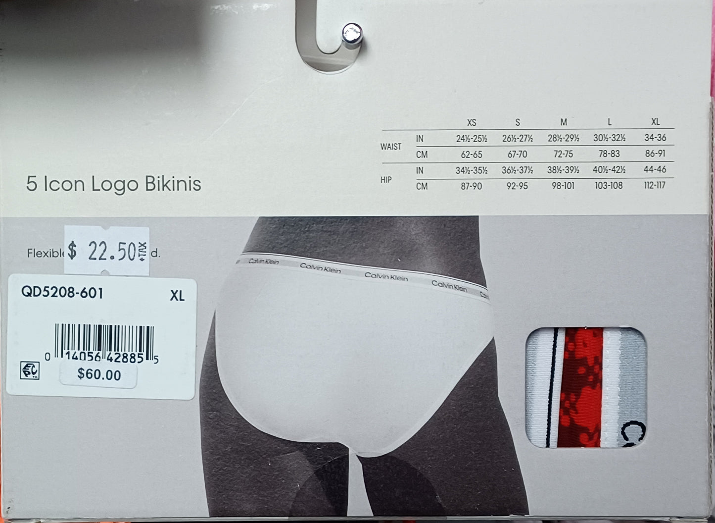 A retail box of Calvin Klein 5 Icon Logo Bikinis in size XL, showing a model wearing white bikini bottoms, a size chart, and a price sticker of $22.50.