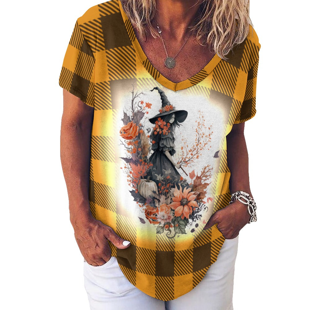 Buffalo Plaid Witch Ladies V-Neck Loose Short Sleeve T-Shirt