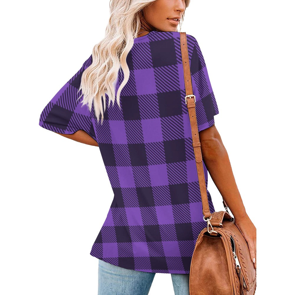 Buffalo Plaid Witch Ladies V-Neck Loose Short Sleeve T-Shirt