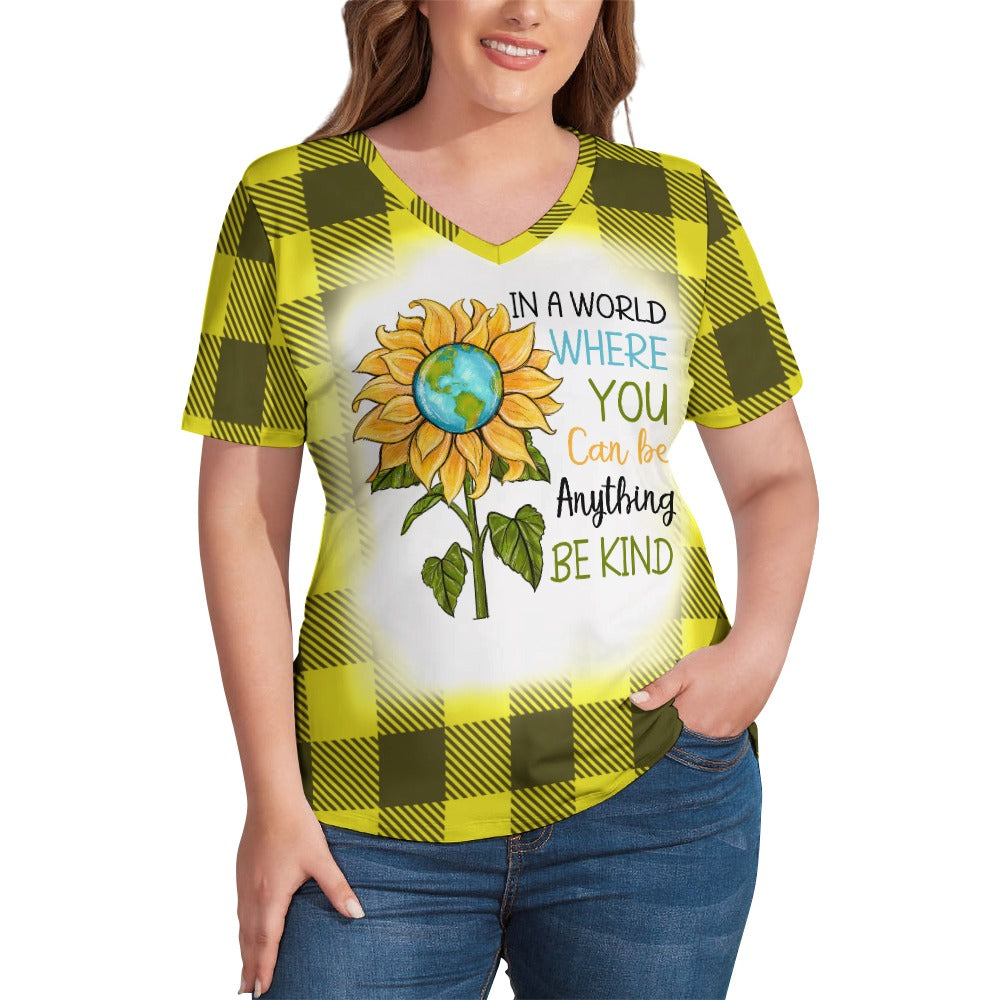 Buffalo Plaid Be Kind Sunflower Ladies V-Neck Loose Short Sleeve T-Shirt