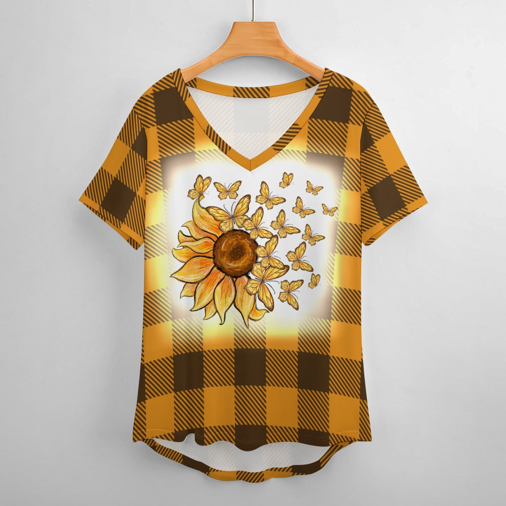 Buffalo Plaid Sunflowers and Butterflies V-Neck Loose Short Sleeve T-Shirt
