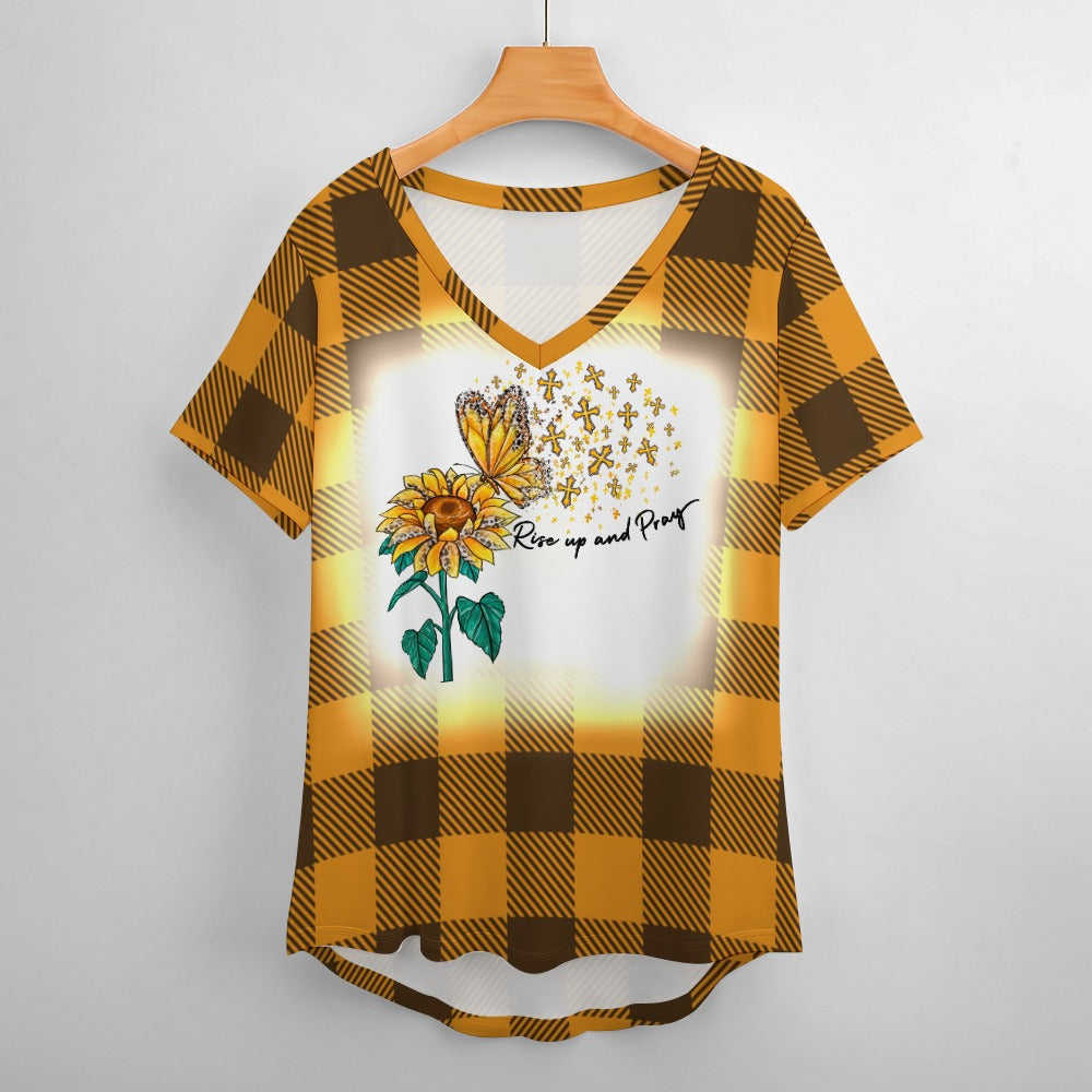 Buffalo Plaid Rise Up and Pray V-Neck Loose Short Sleeve T-Shirt