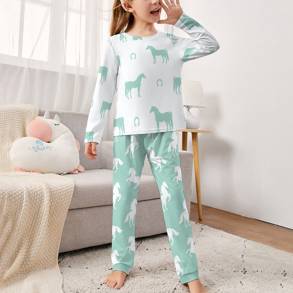 Lt Green Horses Girl's Pajama Set