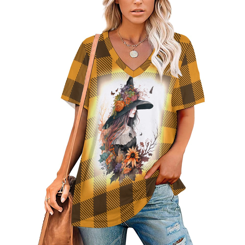Buffalo Plaid Witch Ladies V-Neck Loose Short Sleeve T-Shirt