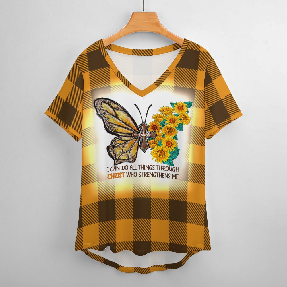 Buffalo Plaid Christ Strengthens Me V-Neck Loose Short Sleeve T-Shirt