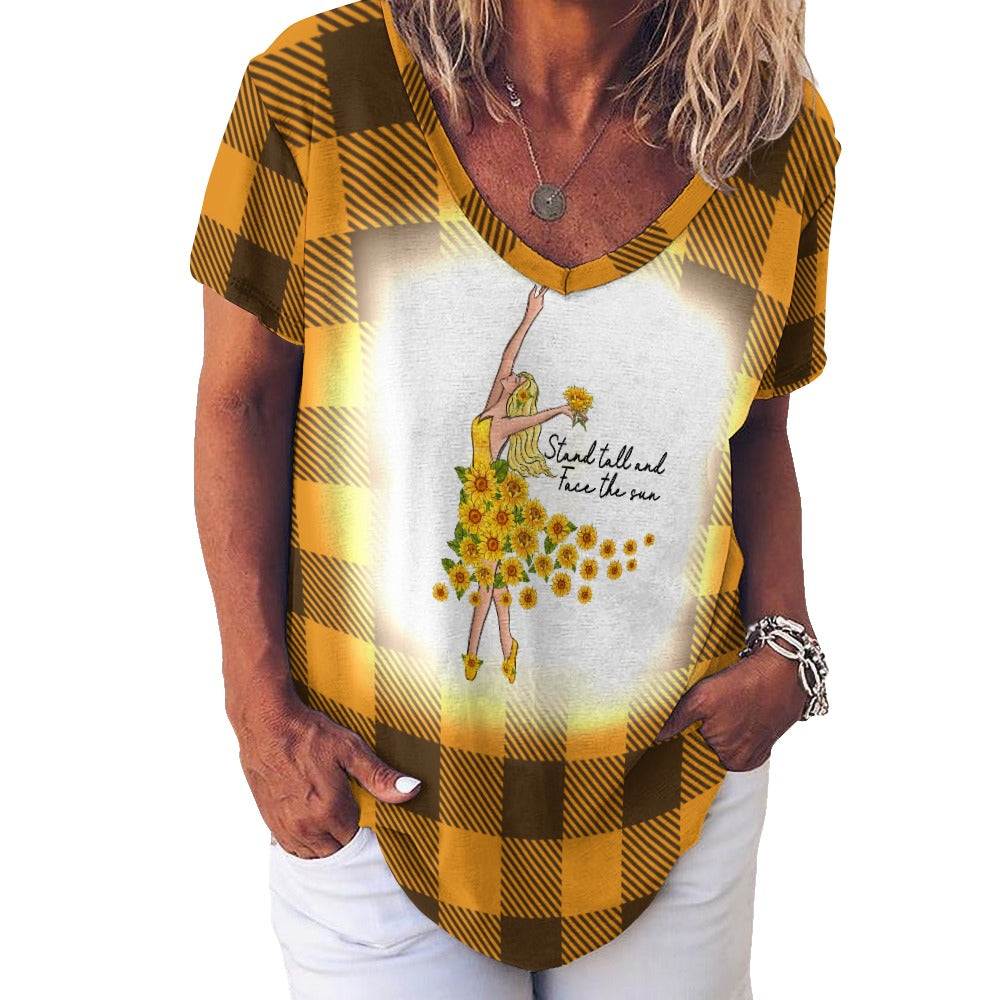 Buffalo Plaid Stand Tall V-Neck Loose Short Sleeve T-Shirt