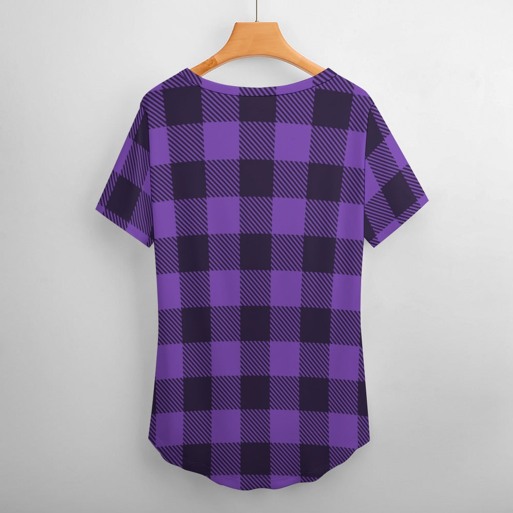 Buffalo Plaid Witch Ladies V-Neck Loose Short Sleeve T-Shirt