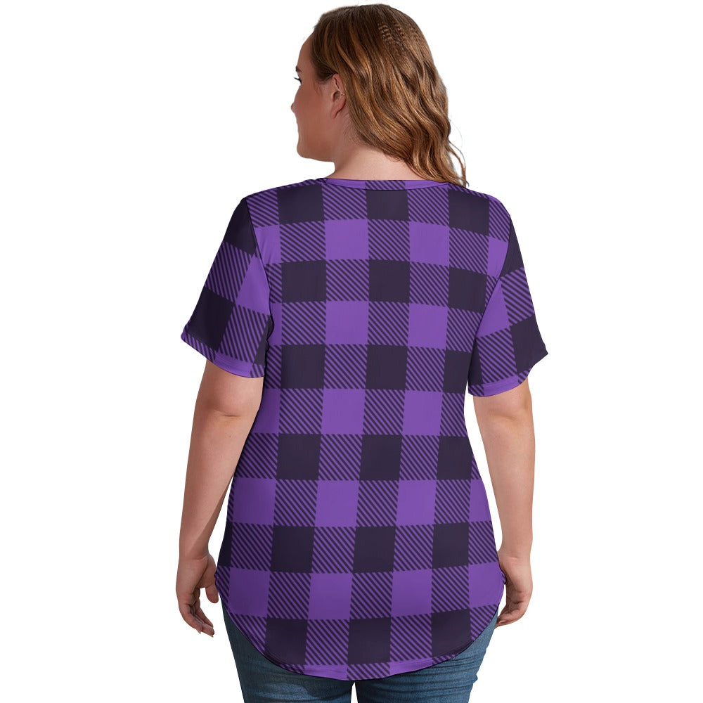 Buffalo Plaid Witch Ladies V-Neck Loose Short Sleeve T-Shirt