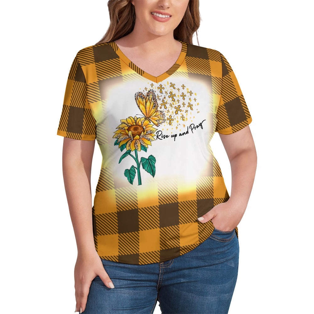 Buffalo Plaid Rise Up and Pray V-Neck Loose Short Sleeve T-Shirt