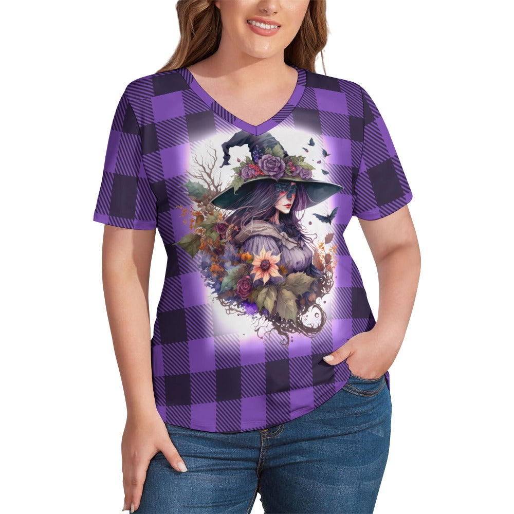 Buffalo Plaid Witch Ladies V-Neck Loose Short Sleeve T-Shirt