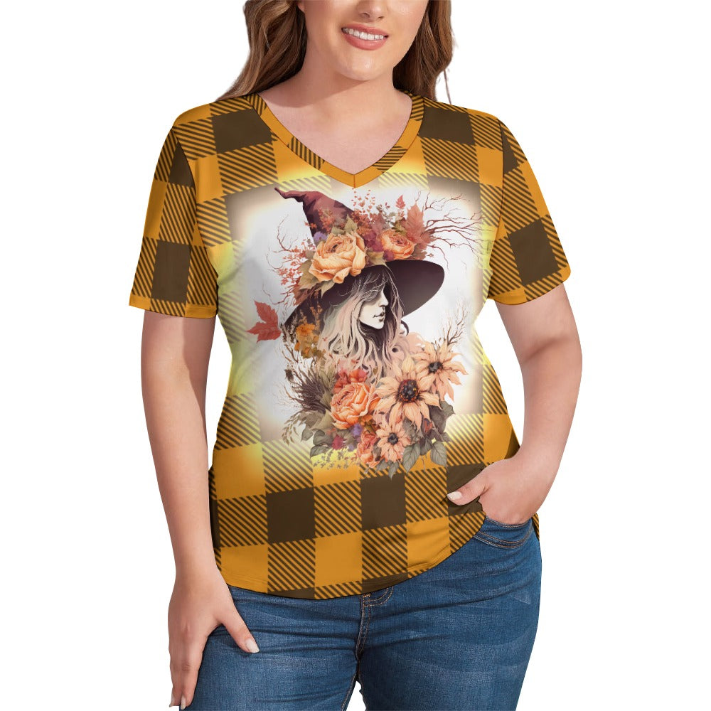 Buffalo Plaid Witch Ladies V-Neck Loose Short Sleeve T-Shirt