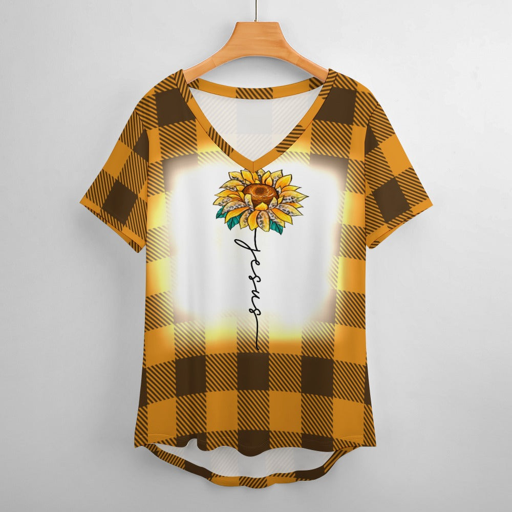 Buffalo Plaid Jesus V-Neck Loose Short Sleeve T-Shirt