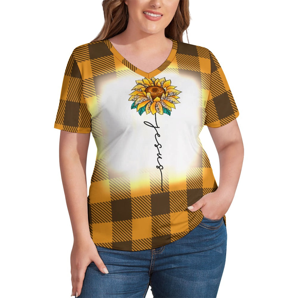 Buffalo Plaid Jesus V-Neck Loose Short Sleeve T-Shirt