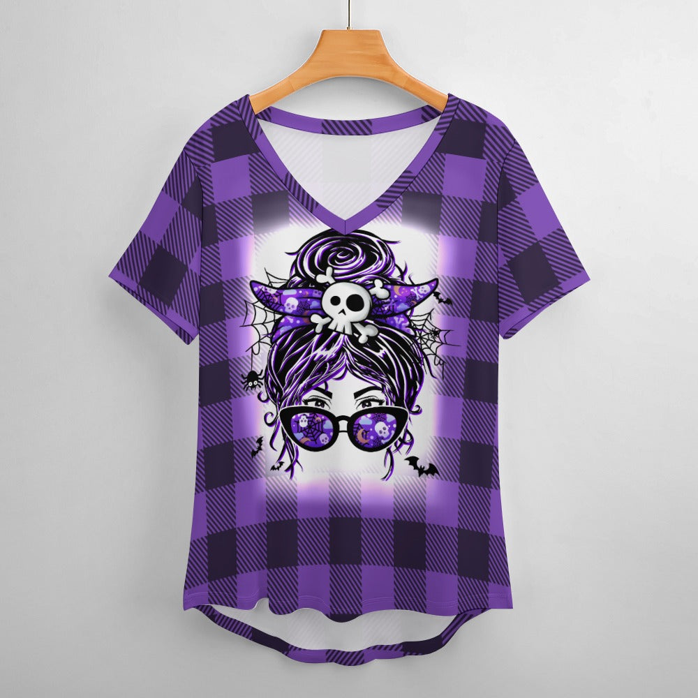 Buffalo Plaid Witchy Ladies V-Neck Loose Short Sleeve T-Shirt