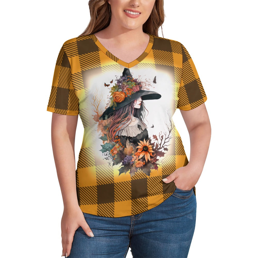 Buffalo Plaid Witch Ladies V-Neck Loose Short Sleeve T-Shirt