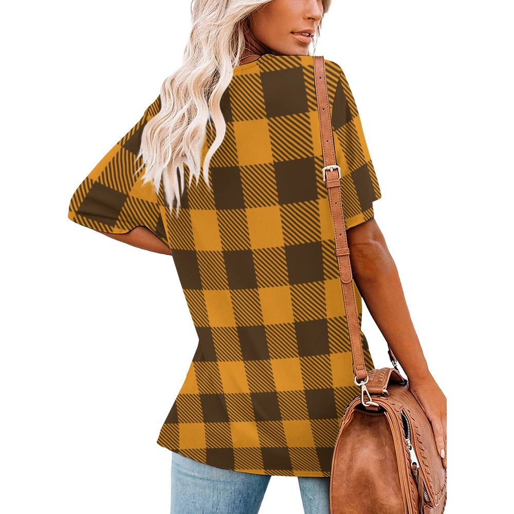 Buffalo Plaid Rise Up and Pray V-Neck Loose Short Sleeve T-Shirt