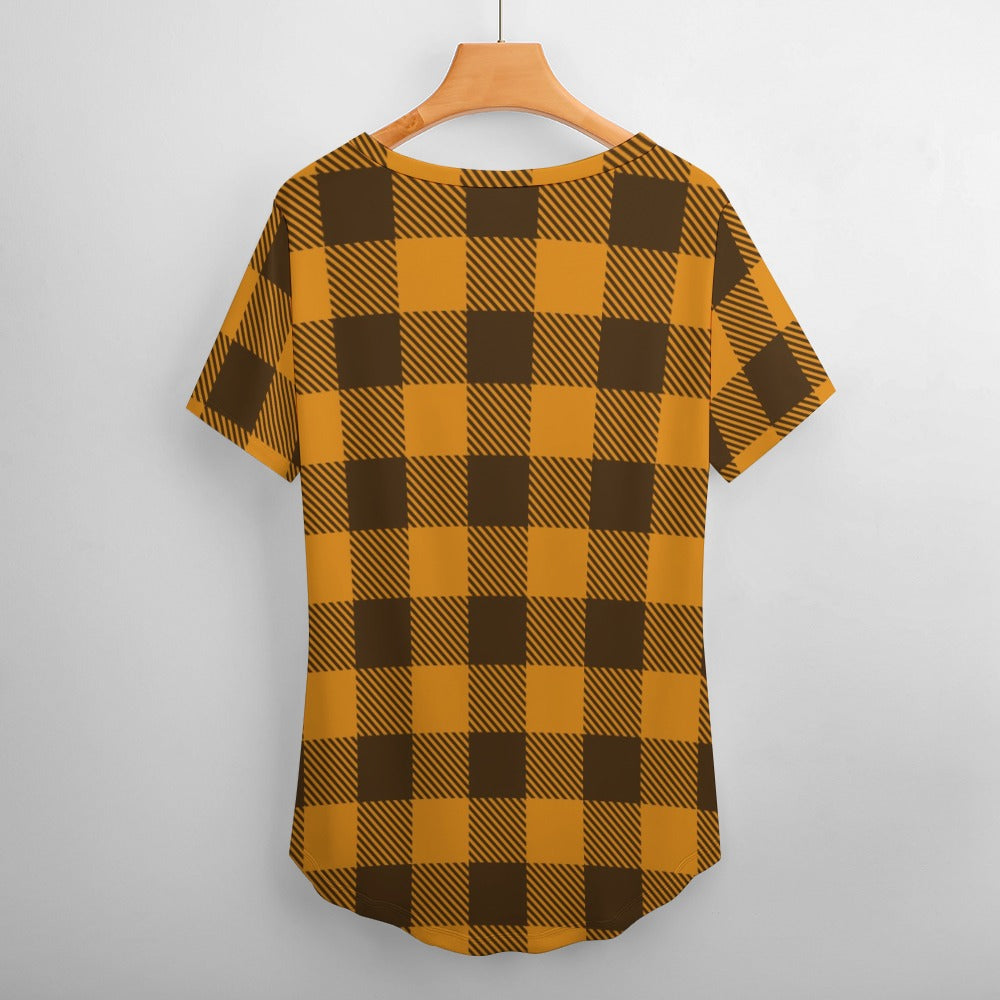 Buffalo Plaid Witch Ladies V-Neck Loose Short Sleeve T-Shirt