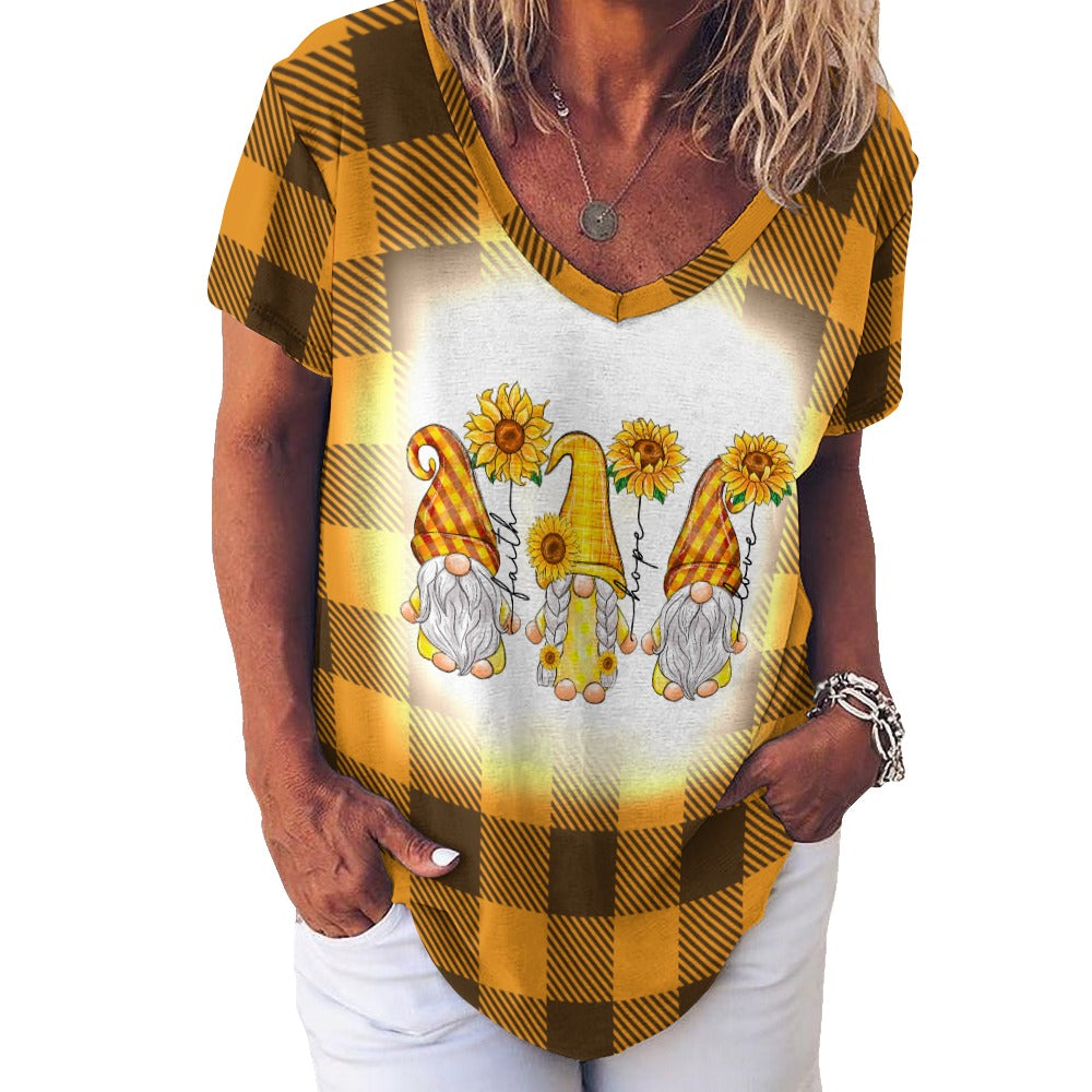 Buffalo Plaid Gnome Sunflower V-Neck Loose Short Sleeve T-Shirt