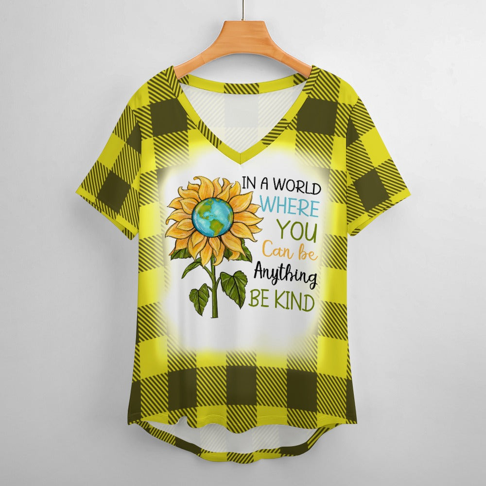 Buffalo Plaid Be Kind Sunflower Ladies V-Neck Loose Short Sleeve T-Shirt