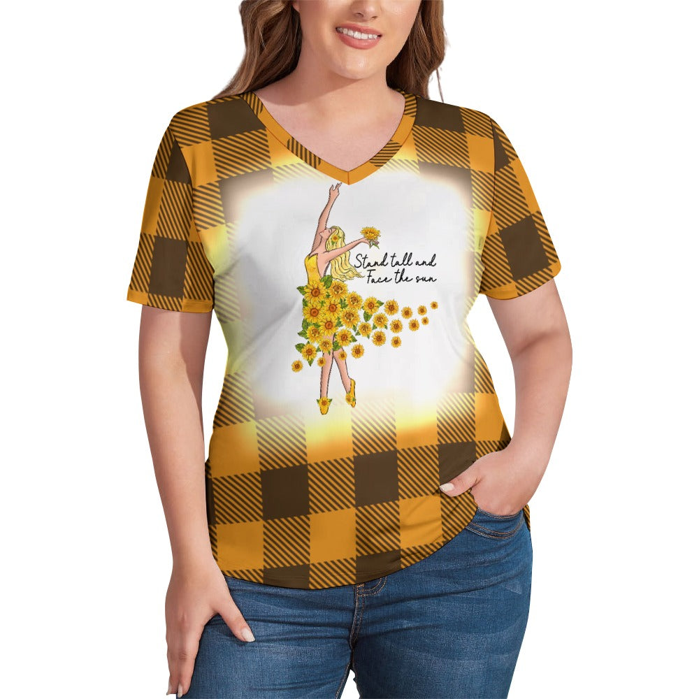 Buffalo Plaid Stand Tall V-Neck Loose Short Sleeve T-Shirt