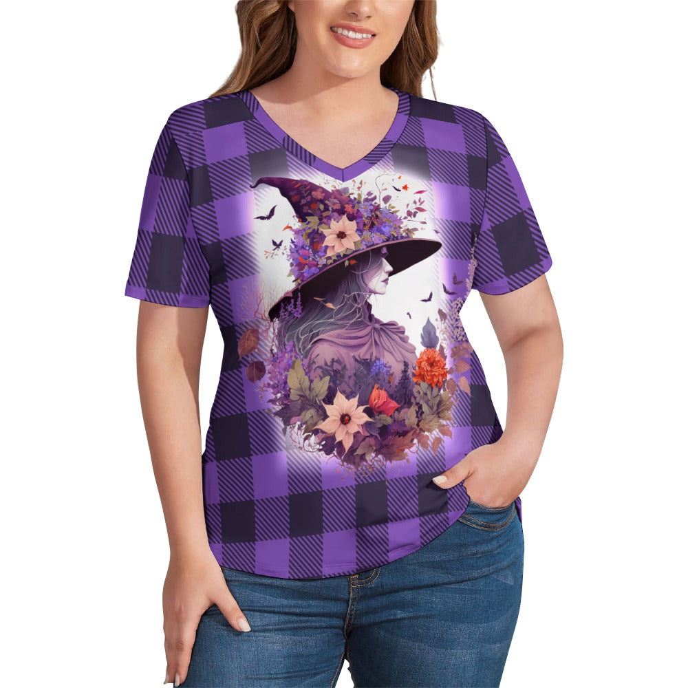 Buffalo Plaid Witch Ladies V-Neck Loose Short Sleeve T-Shirt