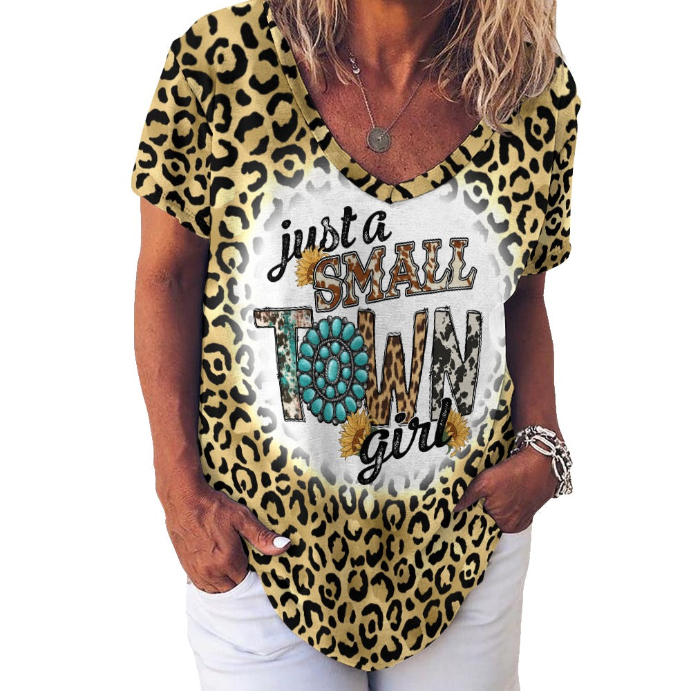 Western Small Town Girl V-Neck Loose Short Sleeve T-Shirt