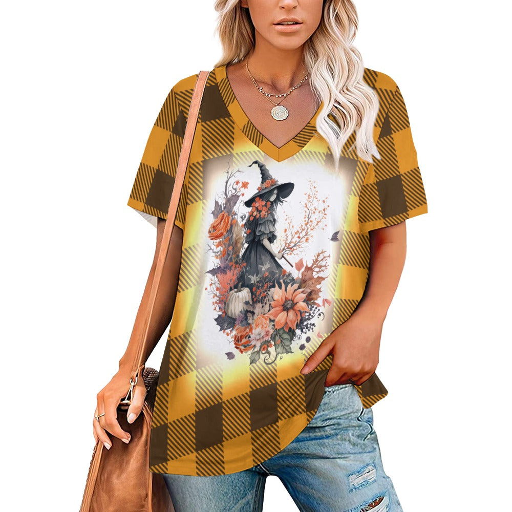 Buffalo Plaid Witch Ladies V-Neck Loose Short Sleeve T-Shirt