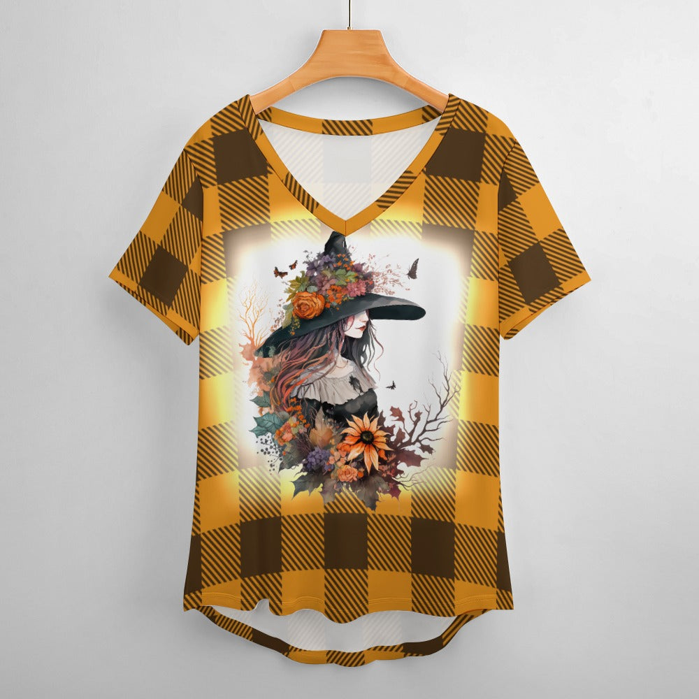 Buffalo Plaid Witch Ladies V-Neck Loose Short Sleeve T-Shirt