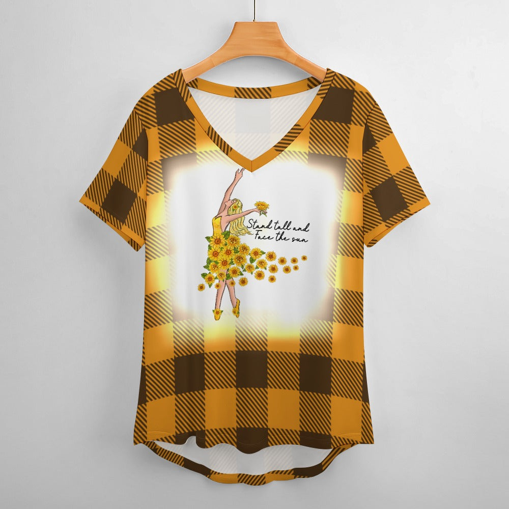 Buffalo Plaid Stand Tall V-Neck Loose Short Sleeve T-Shirt