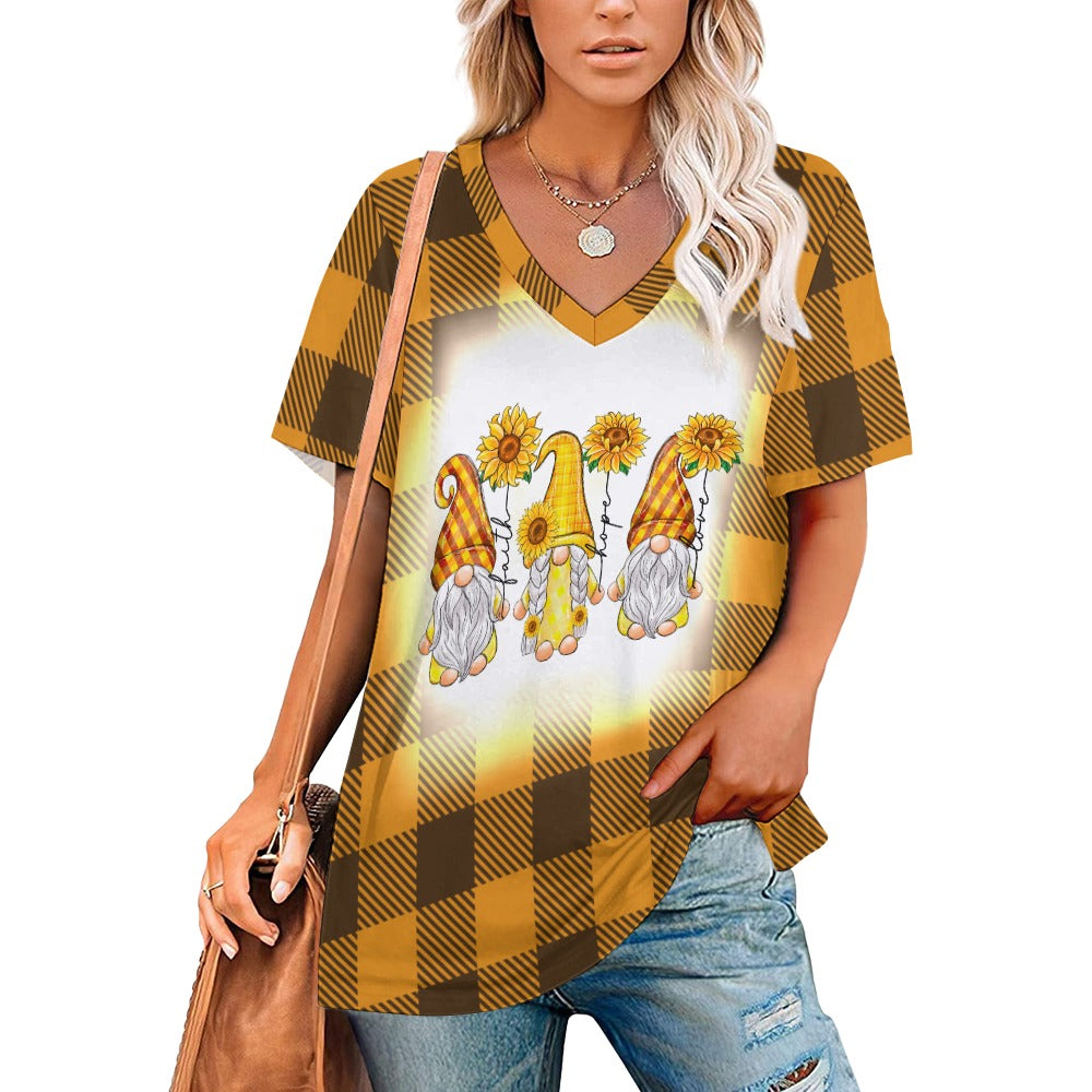 Buffalo Plaid Gnome Sunflower V-Neck Loose Short Sleeve T-Shirt