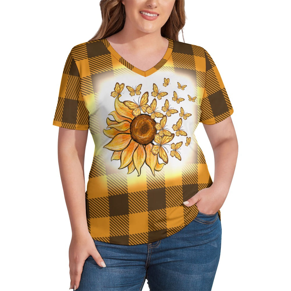 Buffalo Plaid Sunflowers and Butterflies V-Neck Loose Short Sleeve T-Shirt