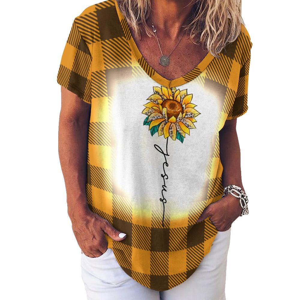Buffalo Plaid Jesus V-Neck Loose Short Sleeve T-Shirt