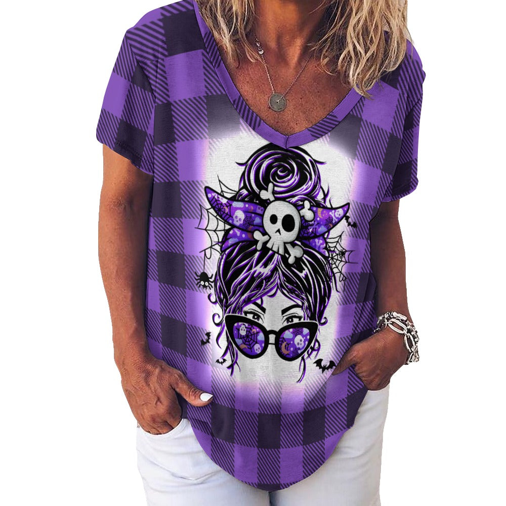 Buffalo Plaid Witchy Ladies V-Neck Loose Short Sleeve T-Shirt