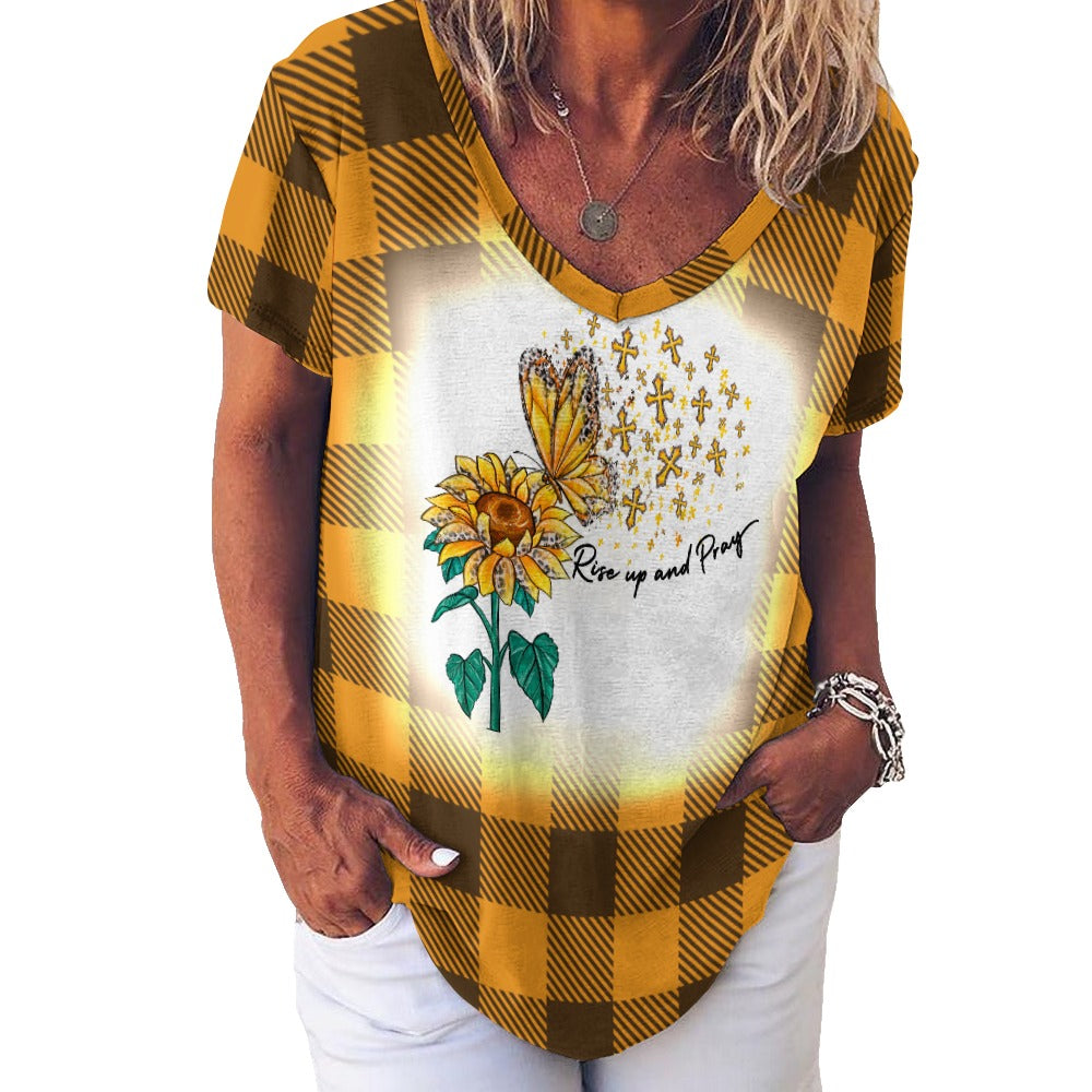 Buffalo Plaid Rise Up and Pray V-Neck Loose Short Sleeve T-Shirt