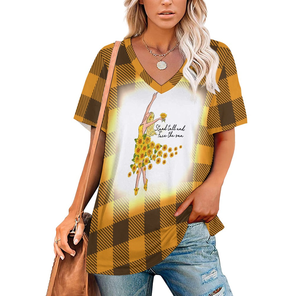 Buffalo Plaid Stand Tall V-Neck Loose Short Sleeve T-Shirt
