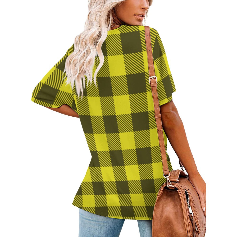 Buffalo Plaid Break Your Limits Sunflower V-Neck Loose Short Sleeve T-Shirt