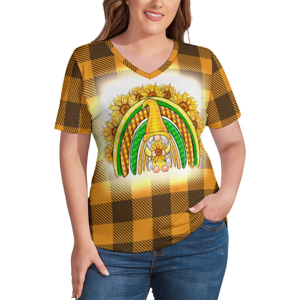 Buffalo Plaid Gnome Sunflower Rainbow V-Neck Loose Short Sleeve T-Shirt