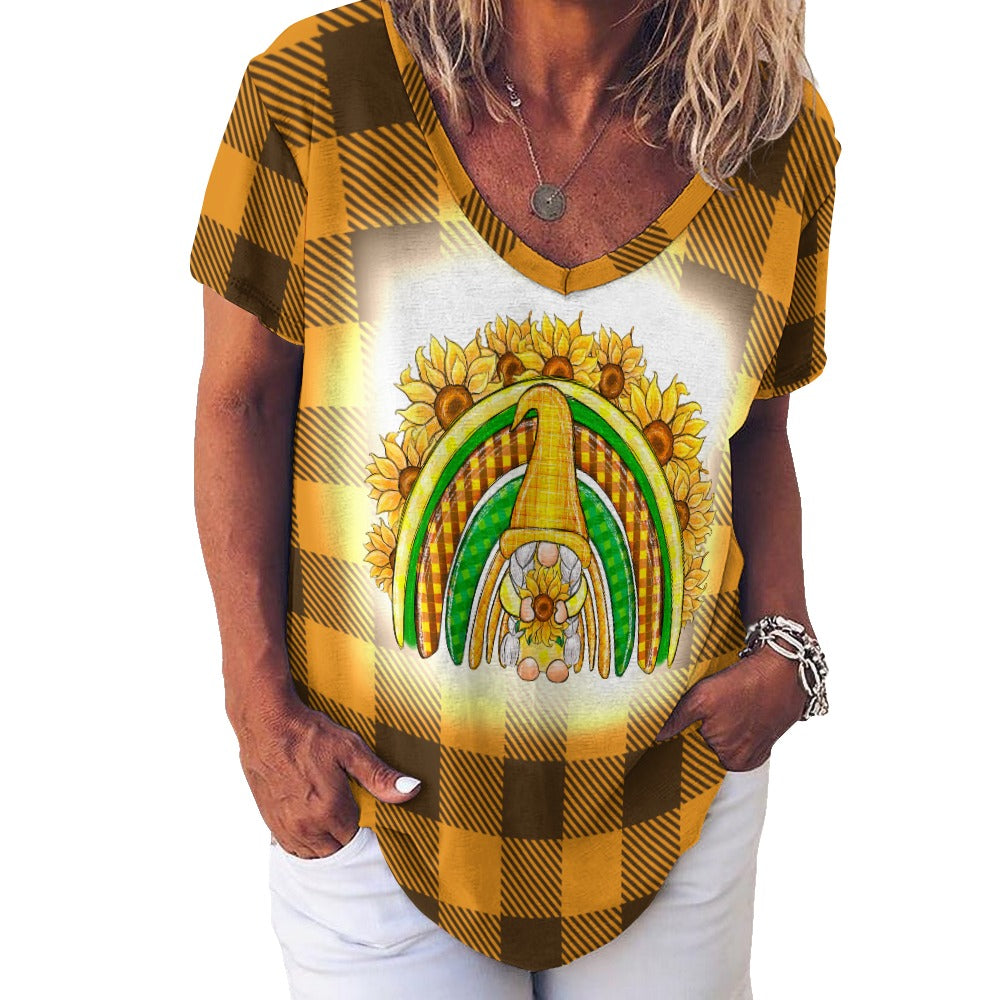 Buffalo Plaid Gnome Sunflower Rainbow V-Neck Loose Short Sleeve T-Shirt