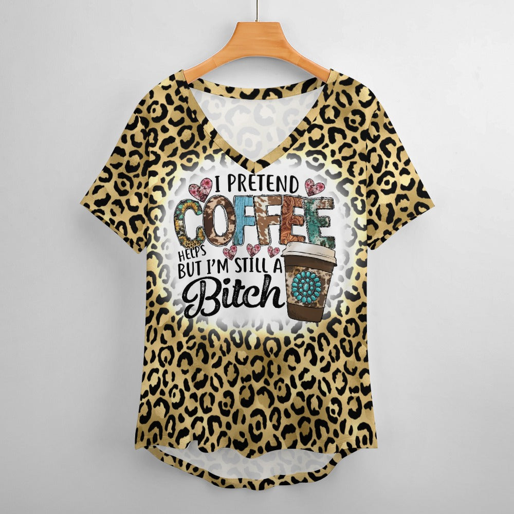 Western Coffee Helps Ladies V-Neck Loose Short Sleeve T-Shirt
