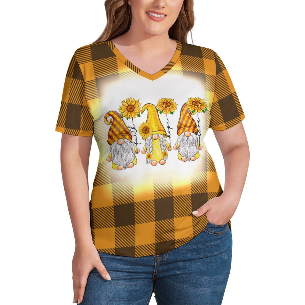 Buffalo Plaid Gnome Sunflower V-Neck Loose Short Sleeve T-Shirt