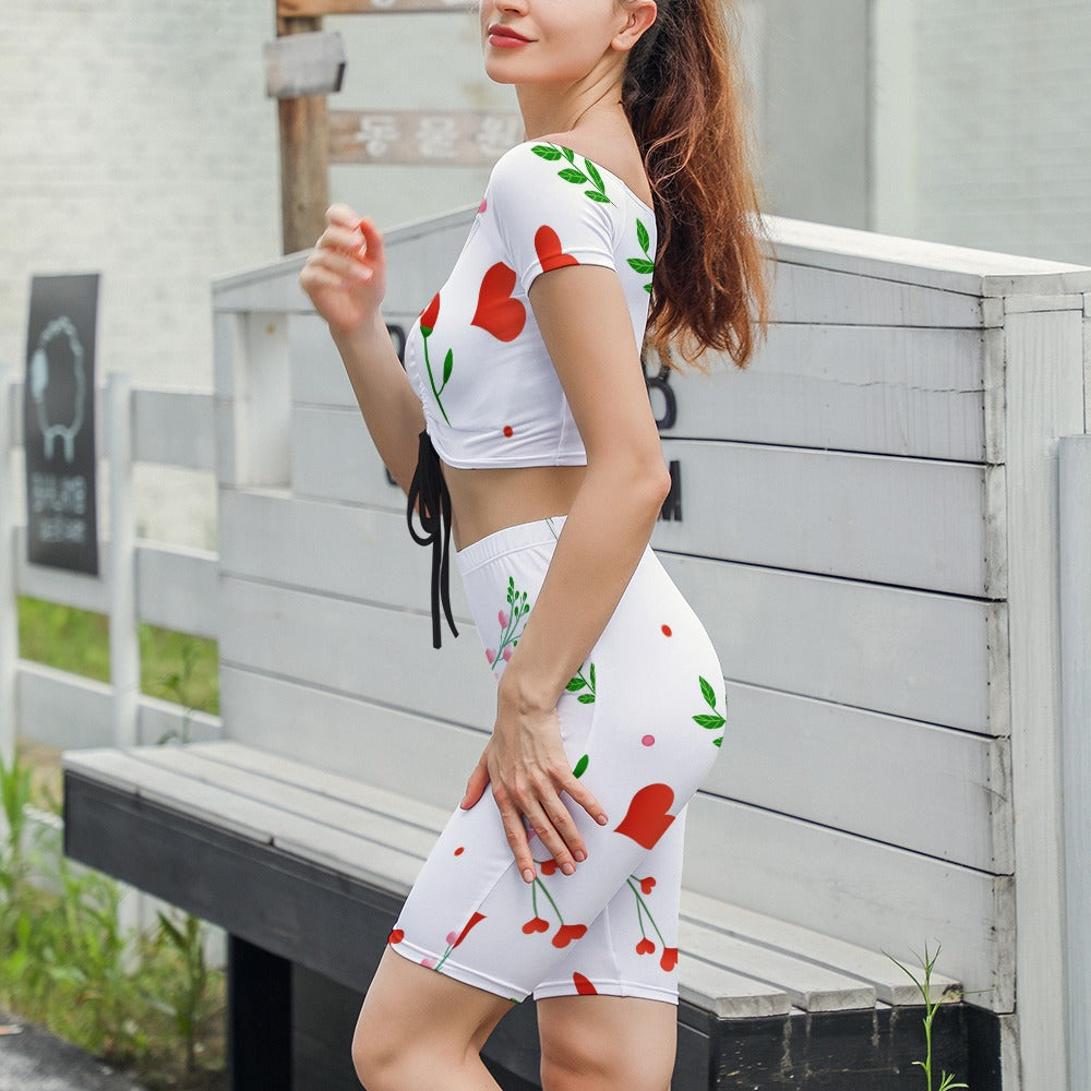 Hearts and Flowers Elastic Short Sleeve Ladies Yoga Set