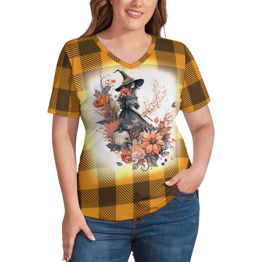 Buffalo Plaid Witch Ladies V-Neck Loose Short Sleeve T-Shirt