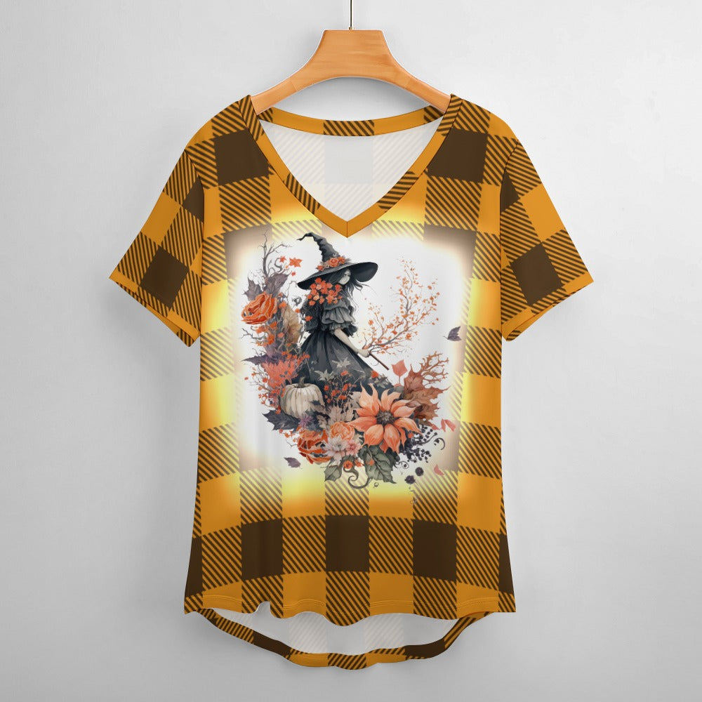 Buffalo Plaid Witch Ladies V-Neck Loose Short Sleeve T-Shirt