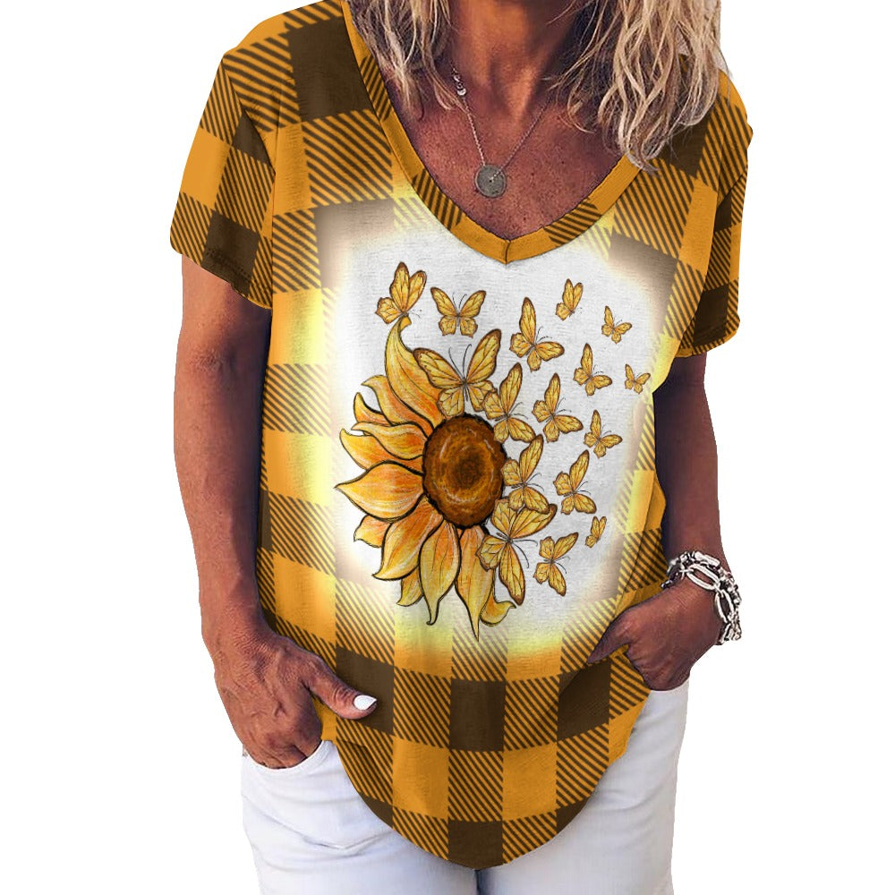Buffalo Plaid Sunflowers and Butterflies V-Neck Loose Short Sleeve T-Shirt