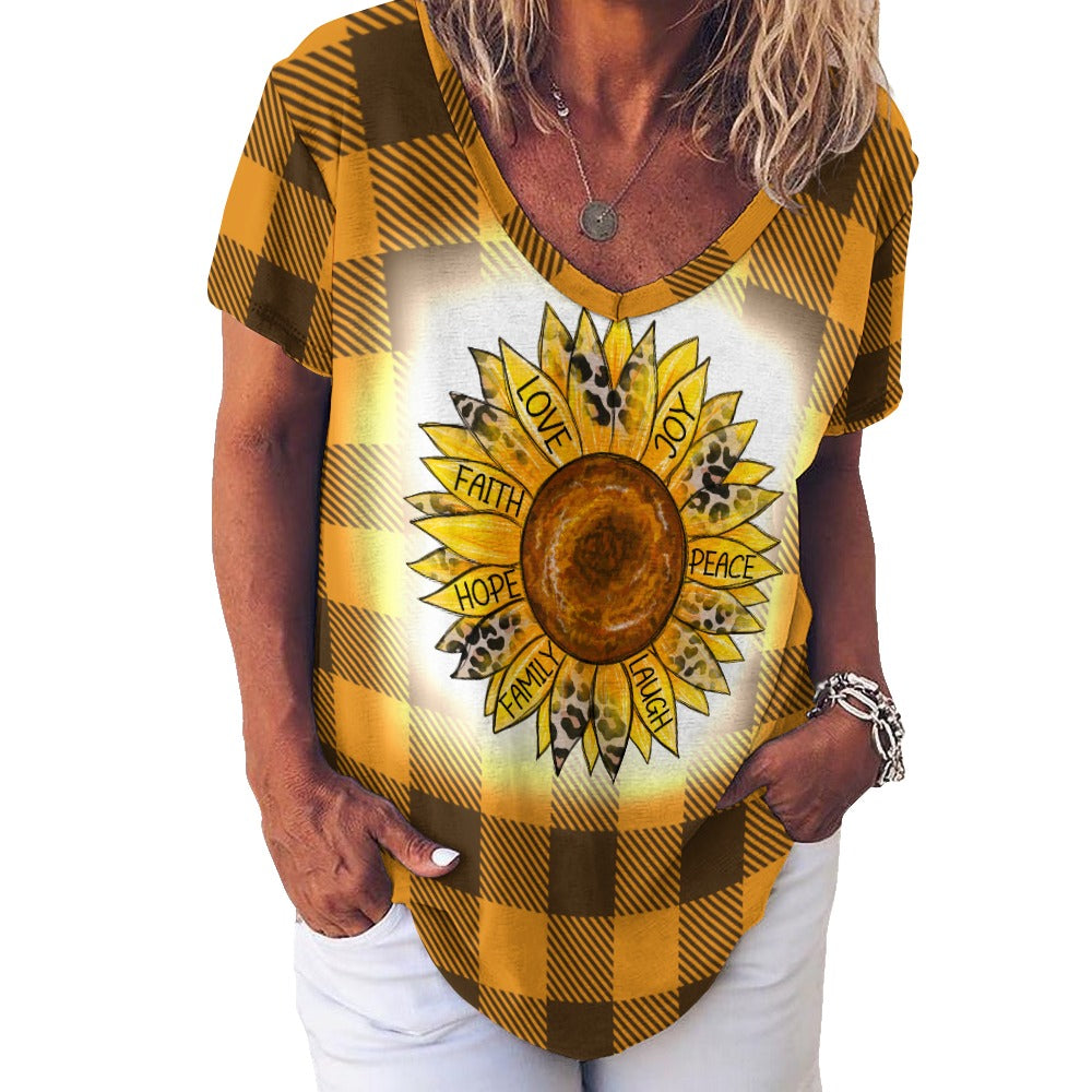 Buffalo Plaid Sunflower V-Neck Loose Short Sleeve T-Shirt